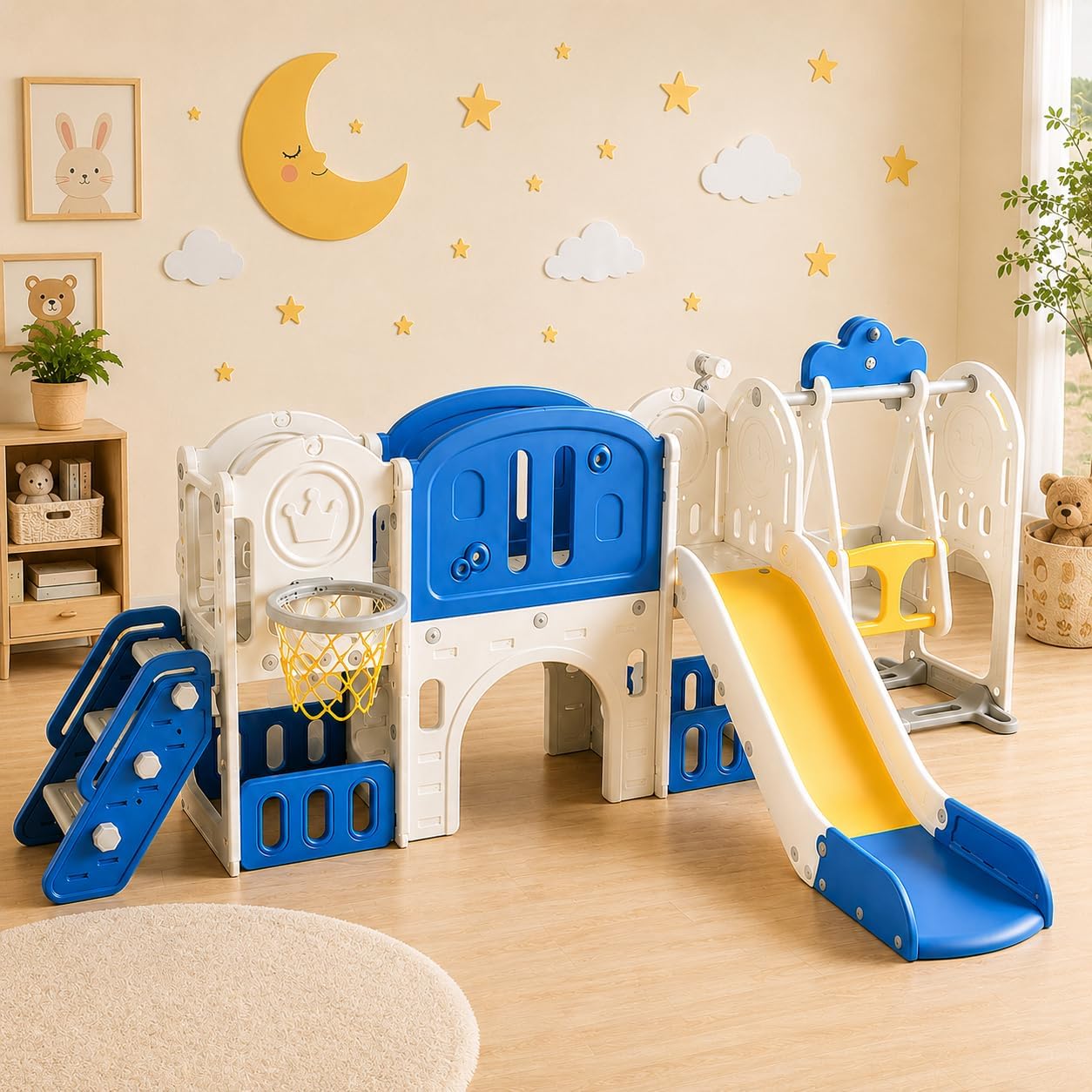 Toddler Slide Playset, 11 in 1 Indoor Outdoor Playground with Swing, Basketball Hoop, Climber, Telescope, for Kids