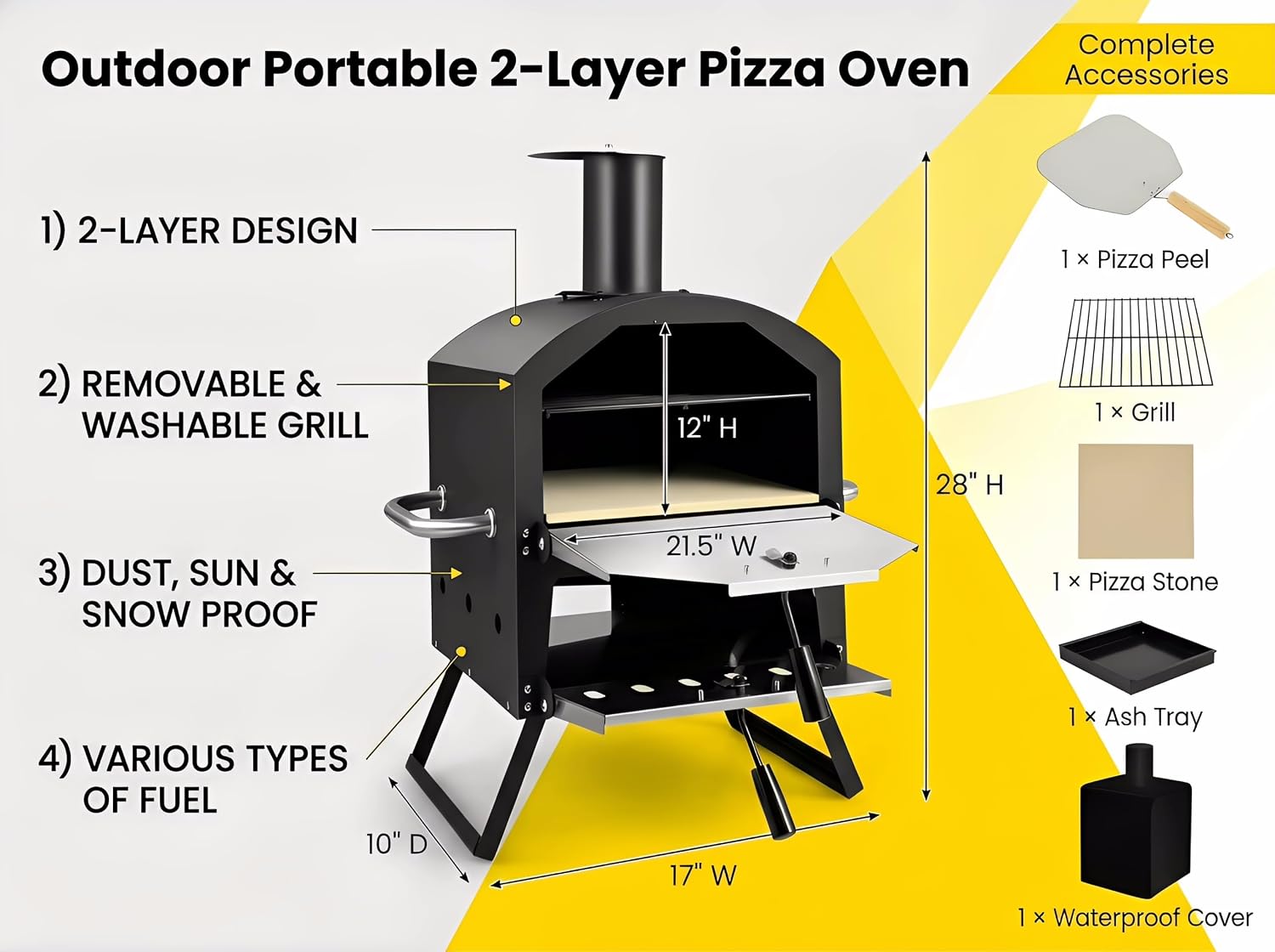 Wood Fired Outdoor Pizza Oven, Portable 2-Layer Pizza Maker with 12" Pizza Stone & Waterproof Cover – Folding Legs