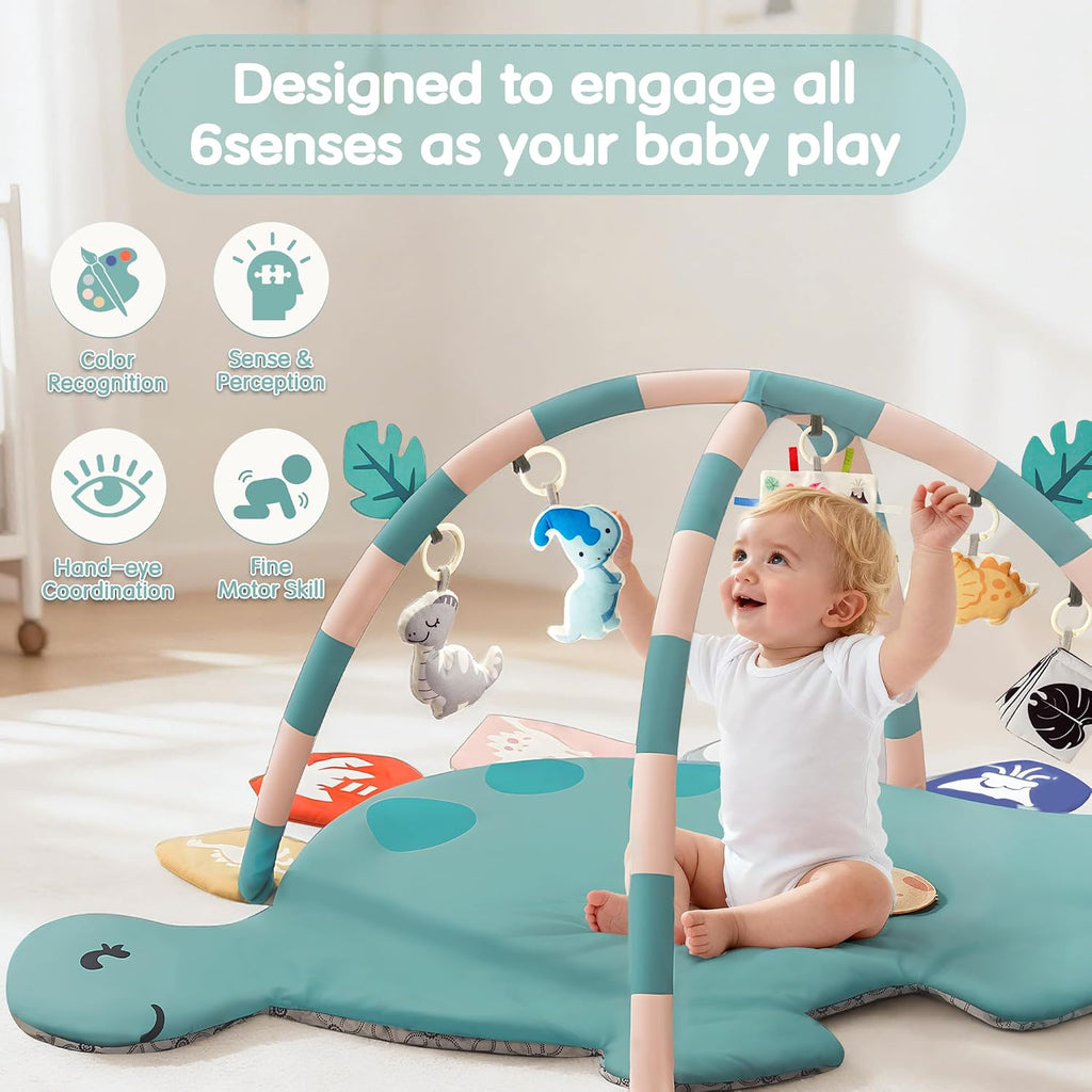 Baby Tummy Time Mat, Oversize Dinosaur Shaped Baby Play Gym Mat with 6 Toys, Play Mat for Babies 0-6-12 Months