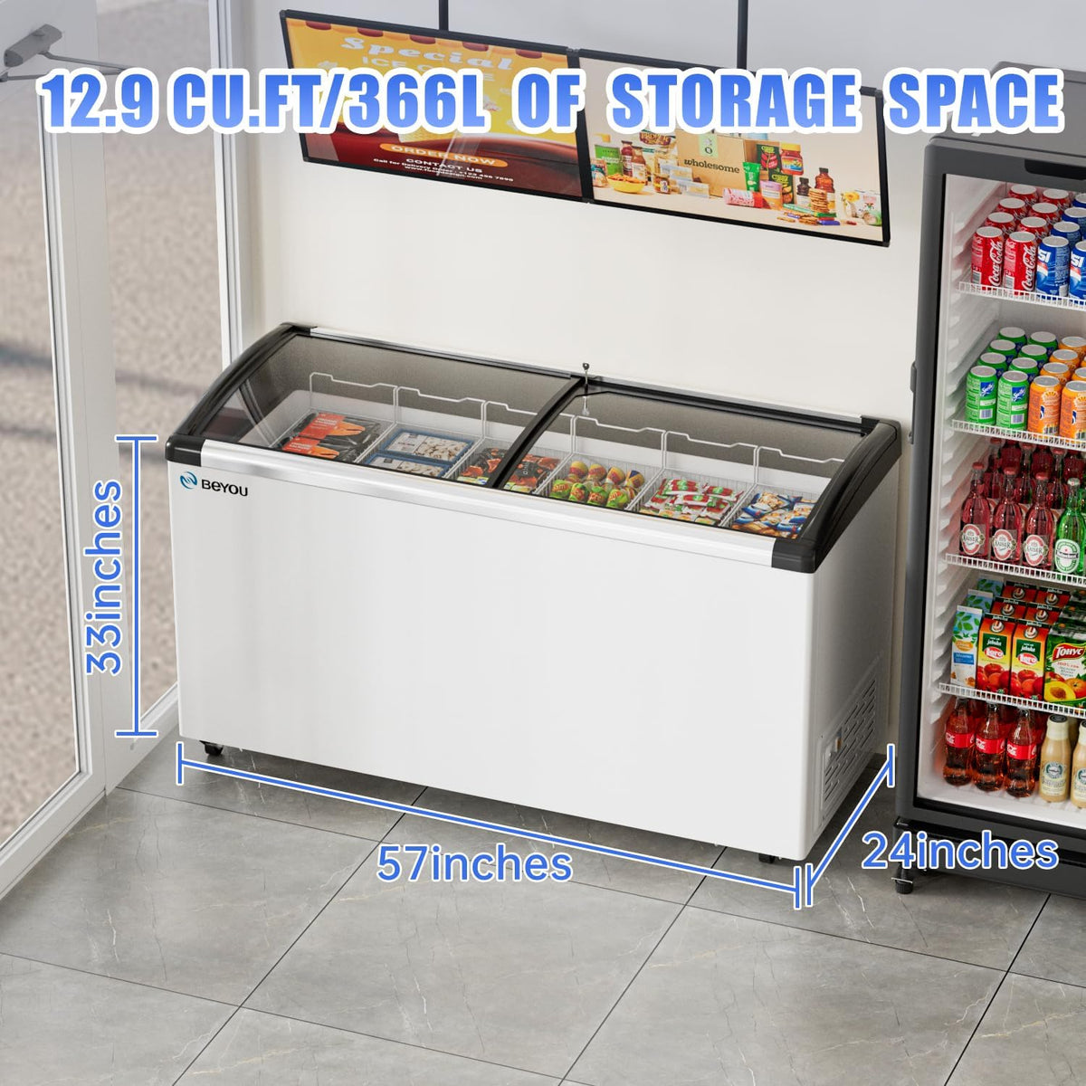 12.9cu Commercial Ice Cream Display Freezer- 6 Wire Baskets
