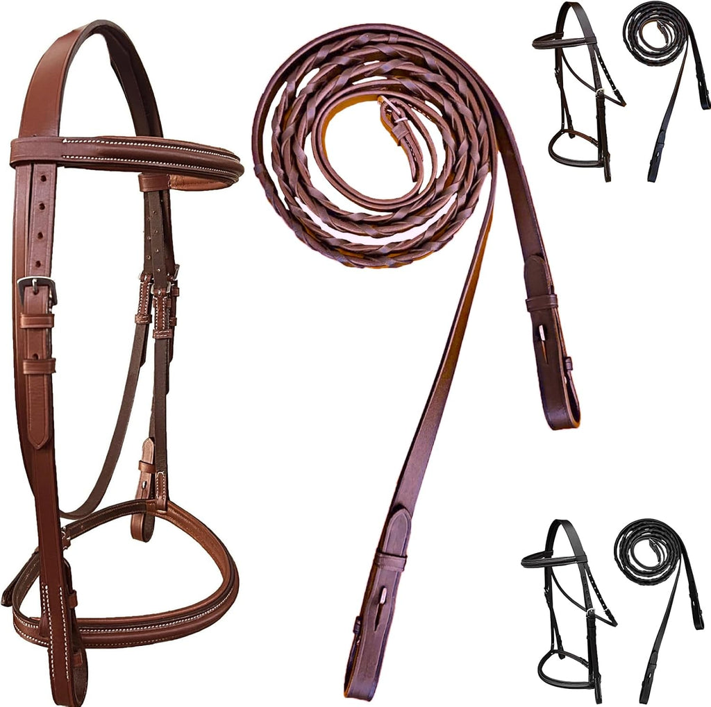 Padded Raised English Bridle, Premium Leather, Matching Laced Reins