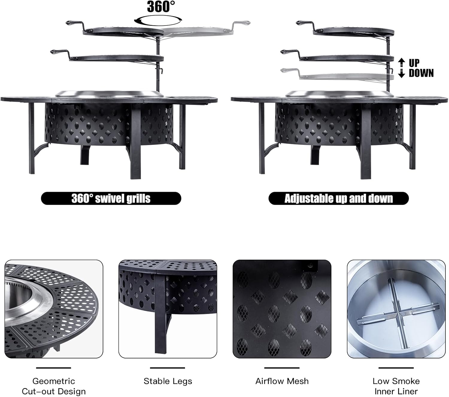 47 Inch Smokeless Fire Pit with 2 Grills,Large Firepits for Outside