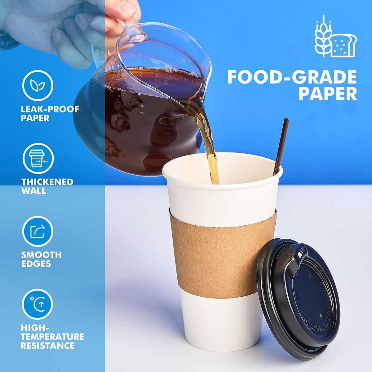 16 oz Paper Coffee Cups with Lids, Sleeves and Stirrers, 100 Pack