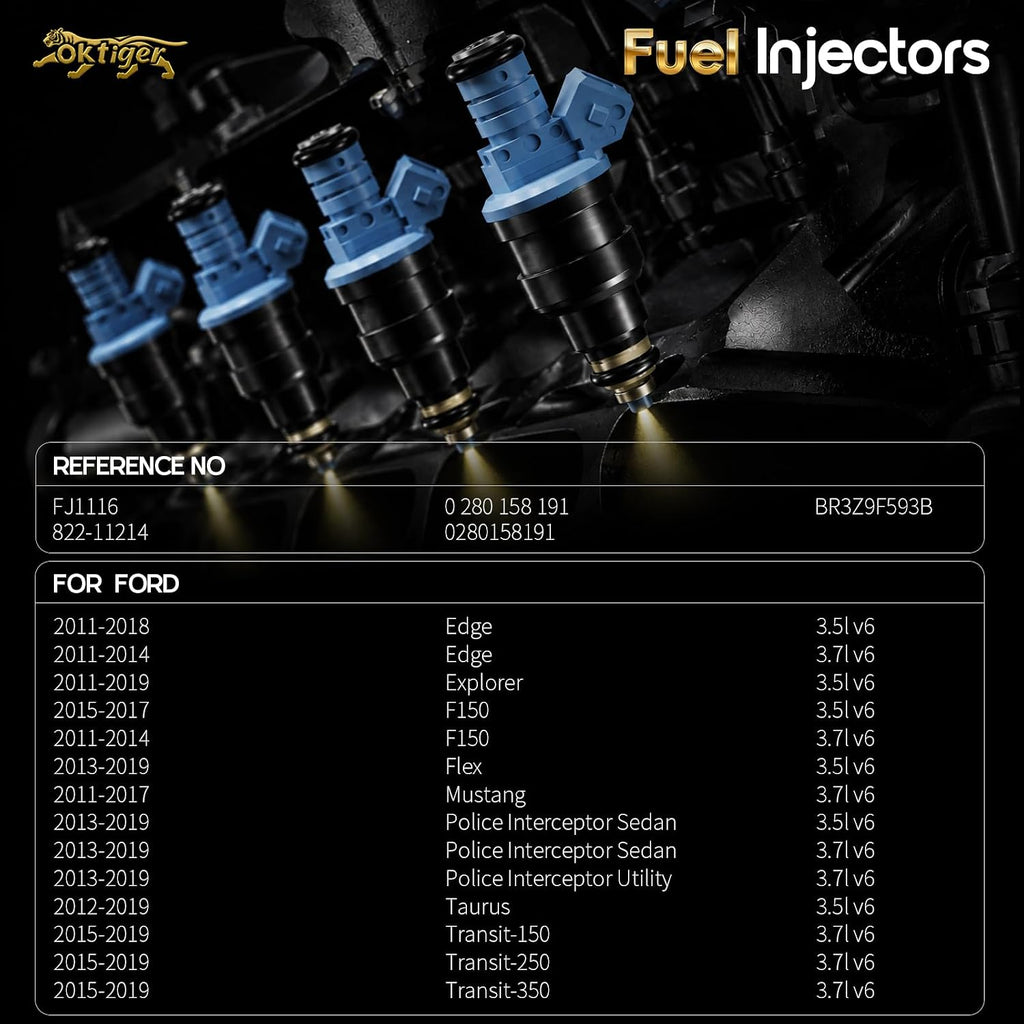 Oktiger Fuel Injectors 3.5L 3.7L V6 for Ford Edge 2011-2018, Explorer 2011-2019, F-150/Mustang 2011-2017, Flex 2013-2019, Taurus 2012-2019, Transit-150/250/350, for Lincoln Mks Mkt Mkx, OE# 0280158191