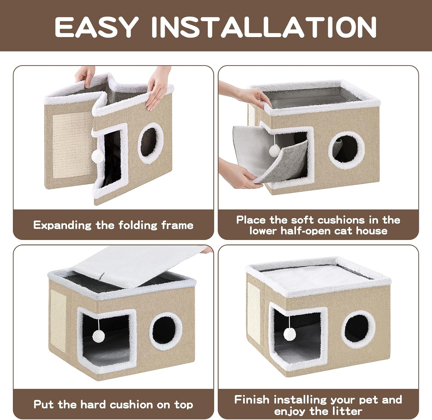 Cat Beds for Indoor Cats Houses, Large Cat Cave with Fluffy Ball and Scratch Pad, Foldable Cat House with Hideaway