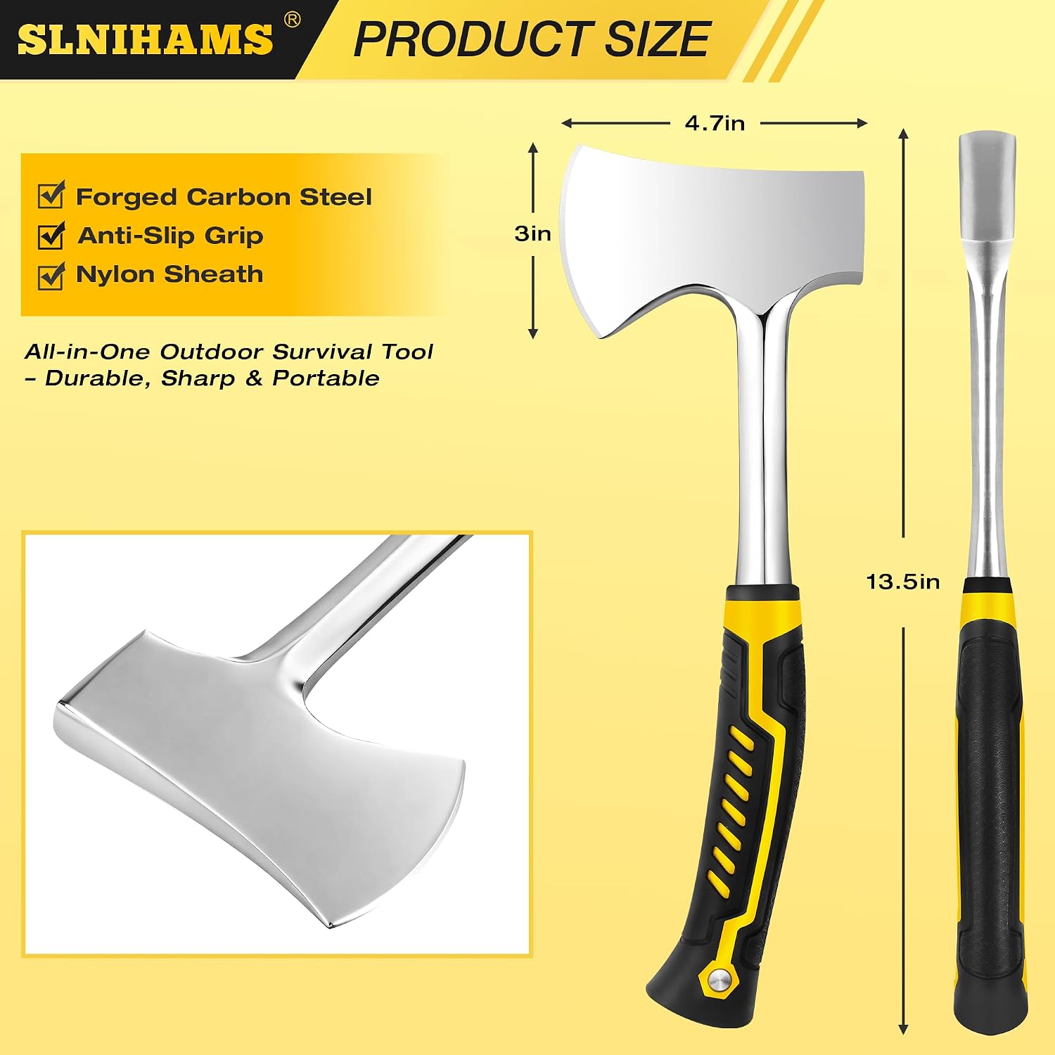 13.5" Camping Hatchet, Forged Carbon Steel Axe with Ergonomic Anti-Slip Grip & Heavy-Duty Oxford Nylon Sheath –