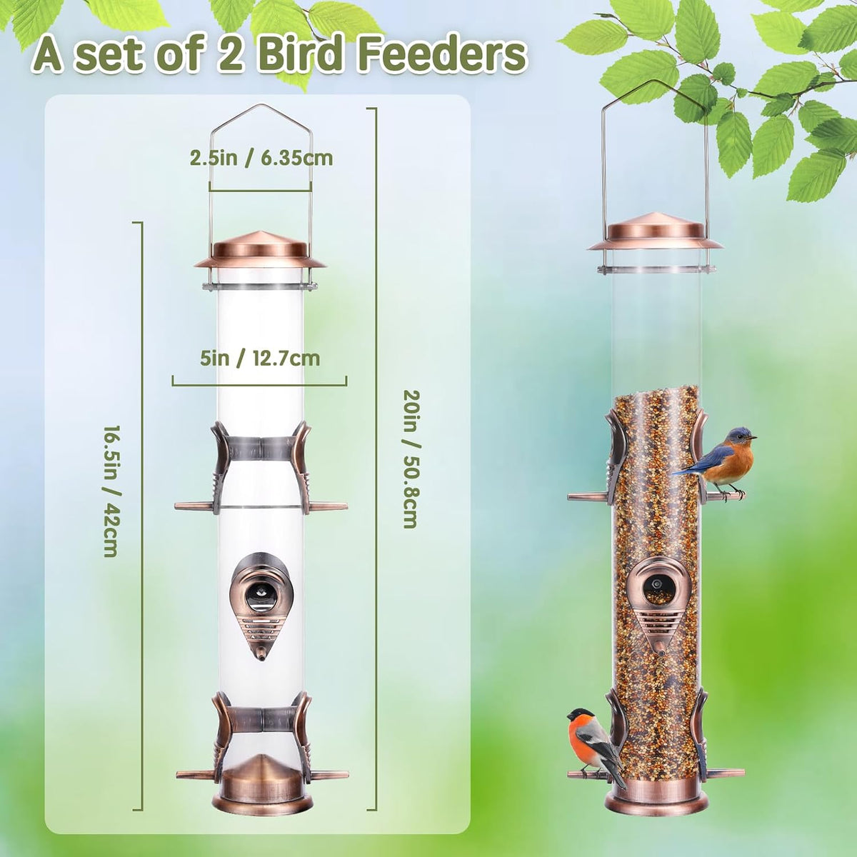 Metal Bird Feeder Tube Hanging Wild Bird Seed Feeder Aluminum Six Port Bird Feeders,1.4 mm Extra Thick Solid Tube