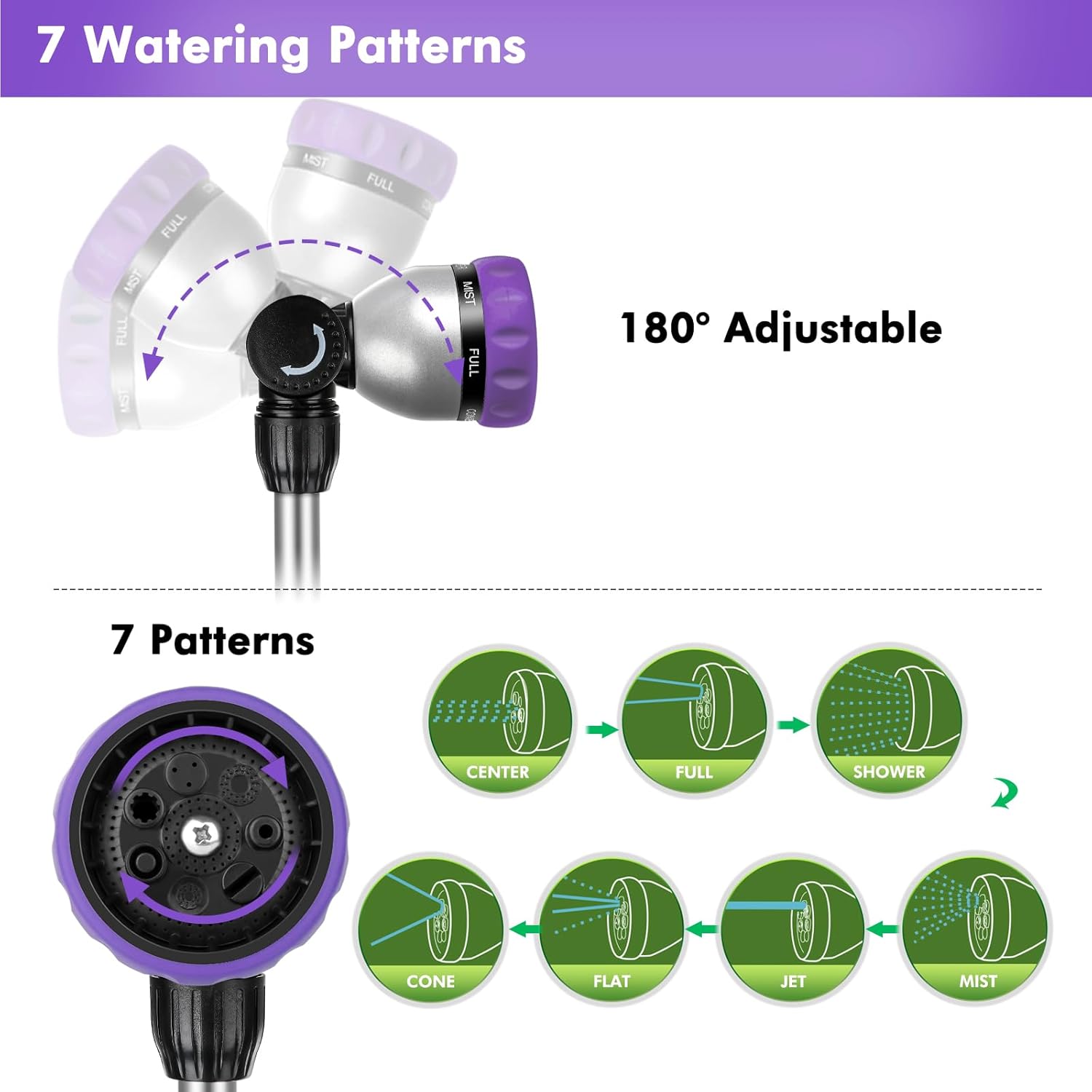 Metal Watering Wand, Heavy Duty Garden Hose Wand with 180° Swivel Ratcheting Head, 16'' Hose Nozzle Sprayer with 7