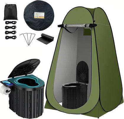 Portable Pop Up Privacy Tent with Camping Toilet, Outdoor Shower Shelter with Storage Bag, Ropes and Stakes
