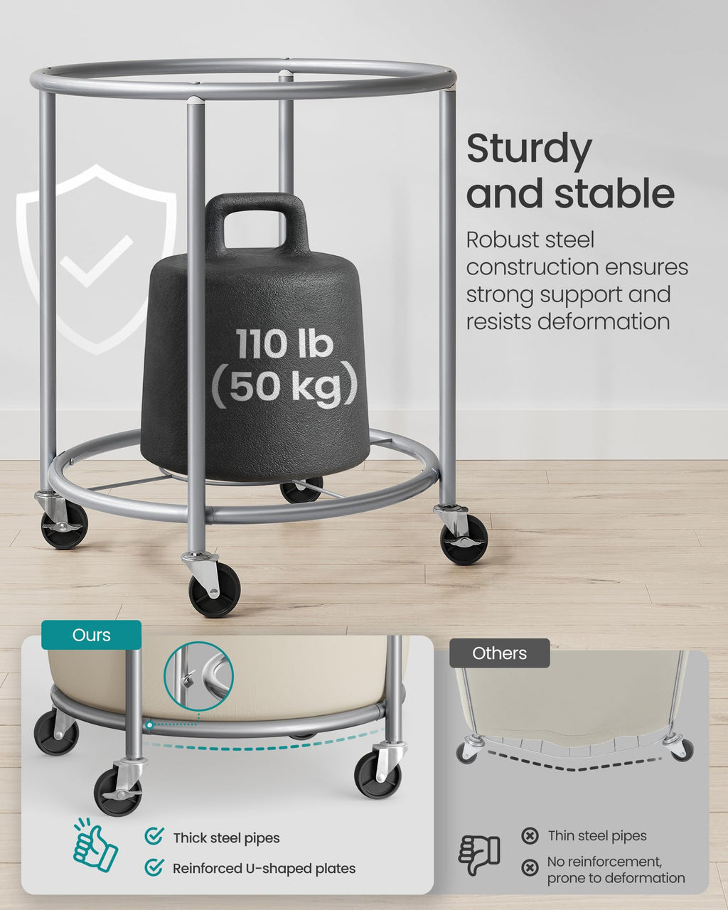 Laundry Basket with Wheels,190L, Steel Frame, Removable Bag