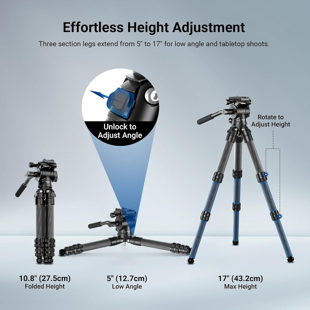 Carbon Fiber Desktop Mini Tripod for Camera, Tabletop Portable Travel Tripod with Video Fluid Head, QR Plate for