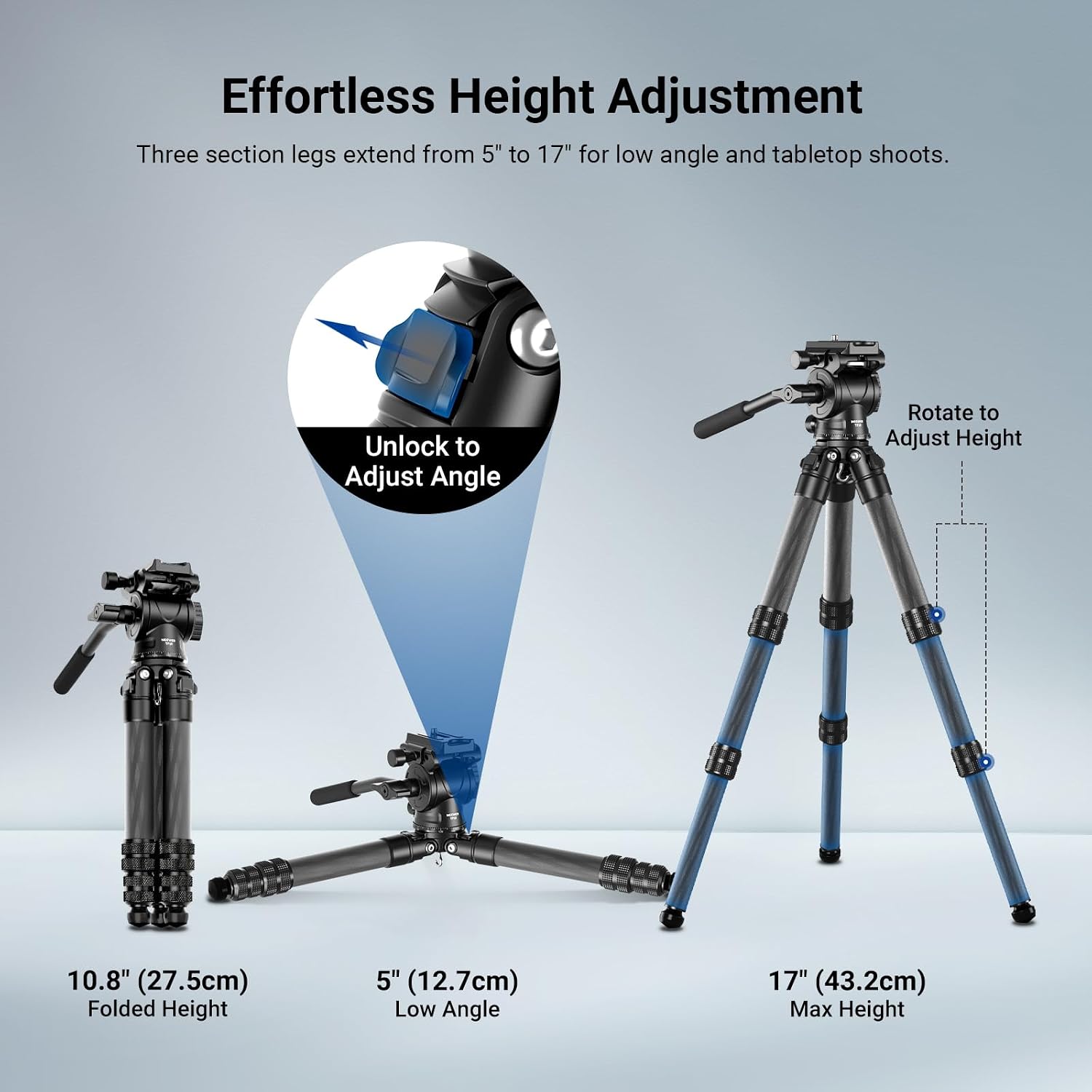 Carbon Fiber Desktop Mini Tripod for Camera, Tabletop Portable Travel Tripod with Video Fluid Head, QR Plate for