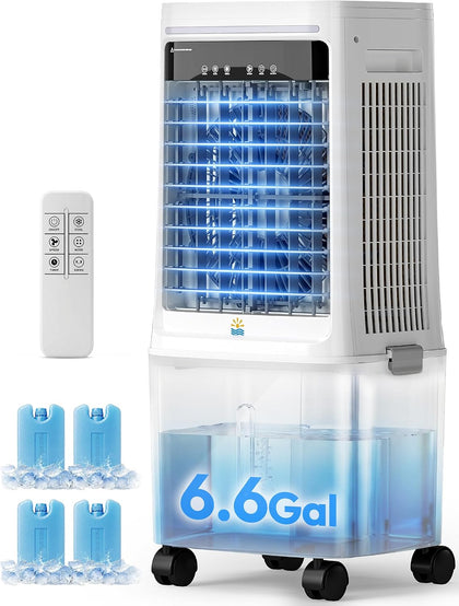 3-in-1 Portable Evaporative Air Cooler, 2000 CFM Swamp Cooler | 6.6-gal dual water tank, includes 4 ice packs, remote