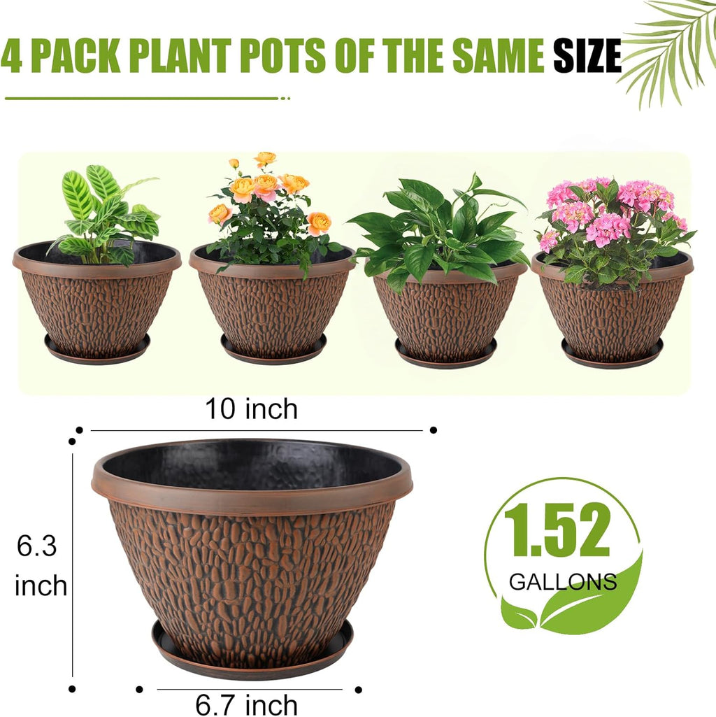 4 Pack Flower Pots Outdoor, 10 Inch Plant Pot with Drainage Hole & Tray, Thickened Plastic Planters for Indoor