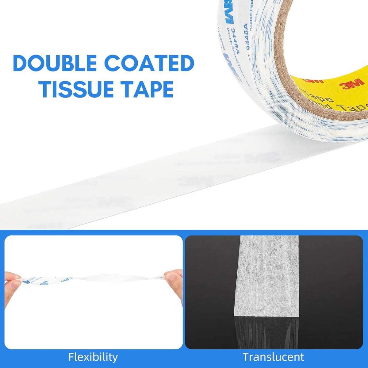 3M Double Sided Tape 0.5"×32.8Ft 2 Pack 9448A Double Coated Tissue Adhesive