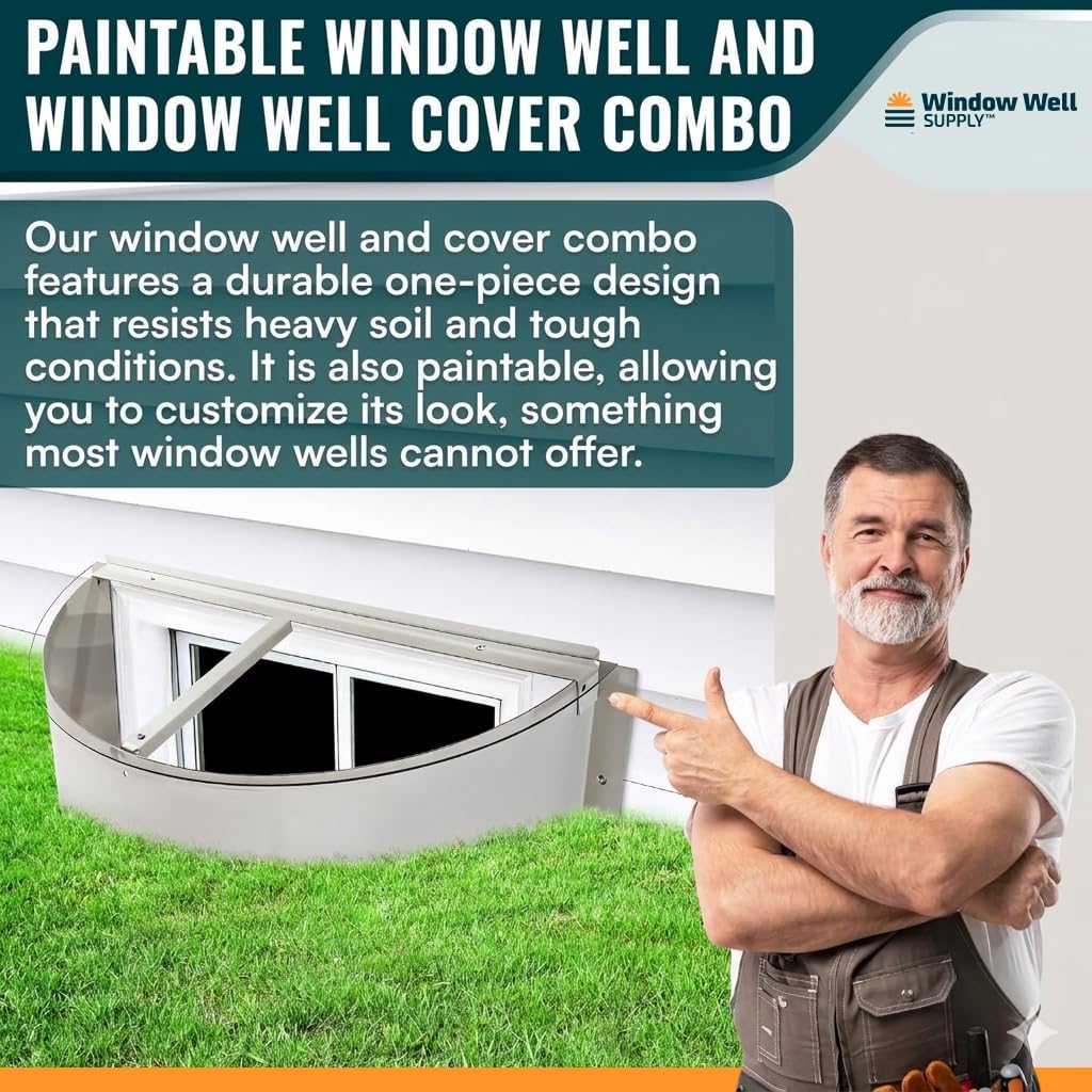 Steel Window Well and Well Cover Combo, 38" W x 17-1/2" L x 11-1/2" D, Grey