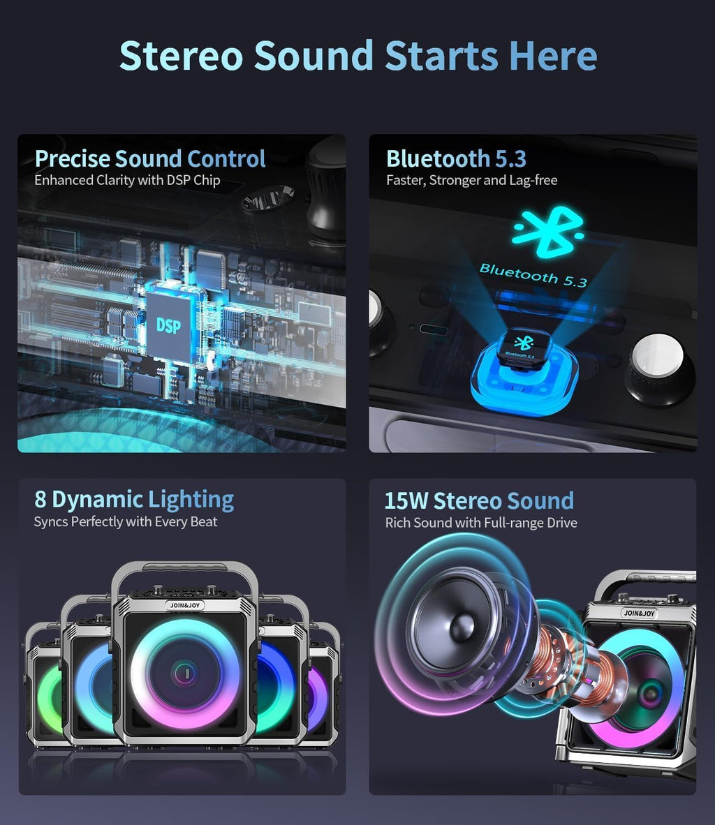 Portable Karaoke Machine, with 2 Wireless Microphones & LED Lights | Bluetooth Party Speaker with Loud Subwoofer