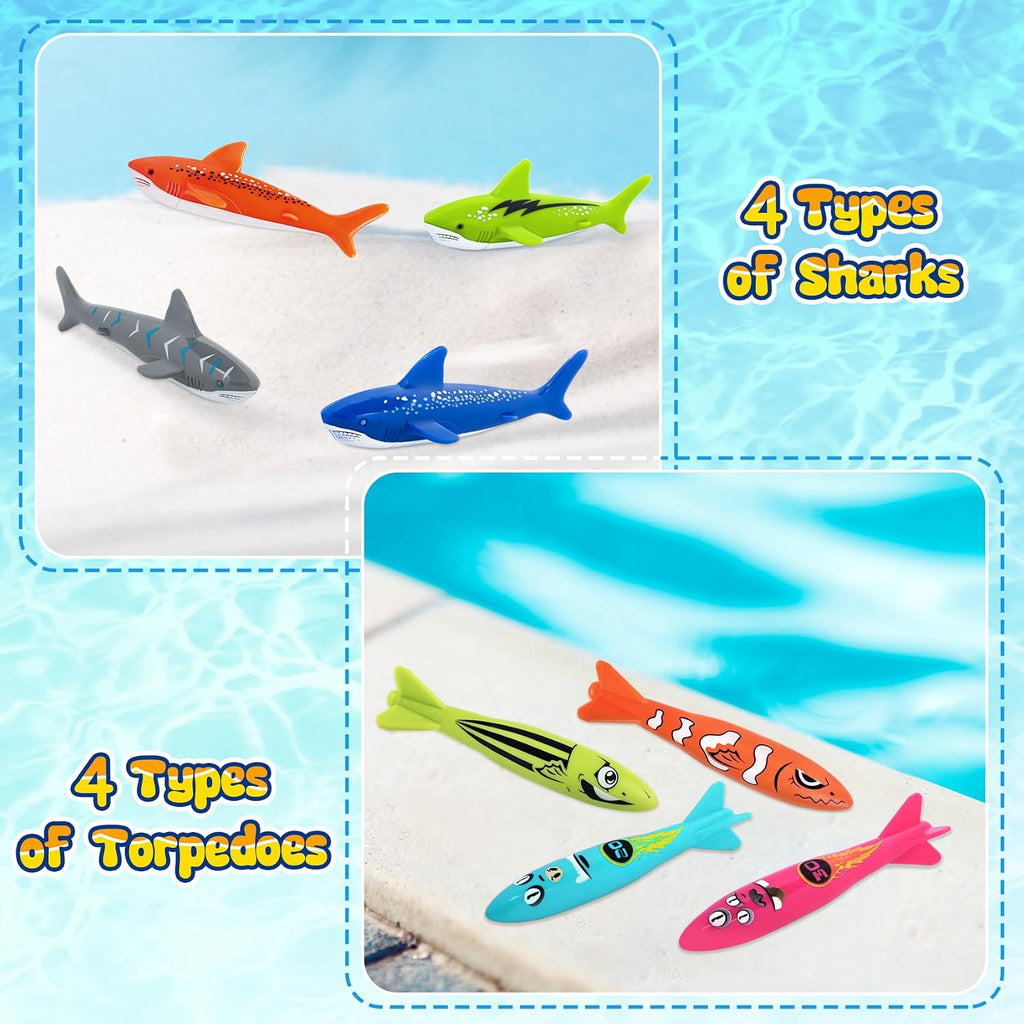 Pool Toys for Kids Ages 4-8, 8Pcs Underwater Pool Torpedo Bandit | Gliding Shark Diving Toys for Kids Ages 8-12 Fun