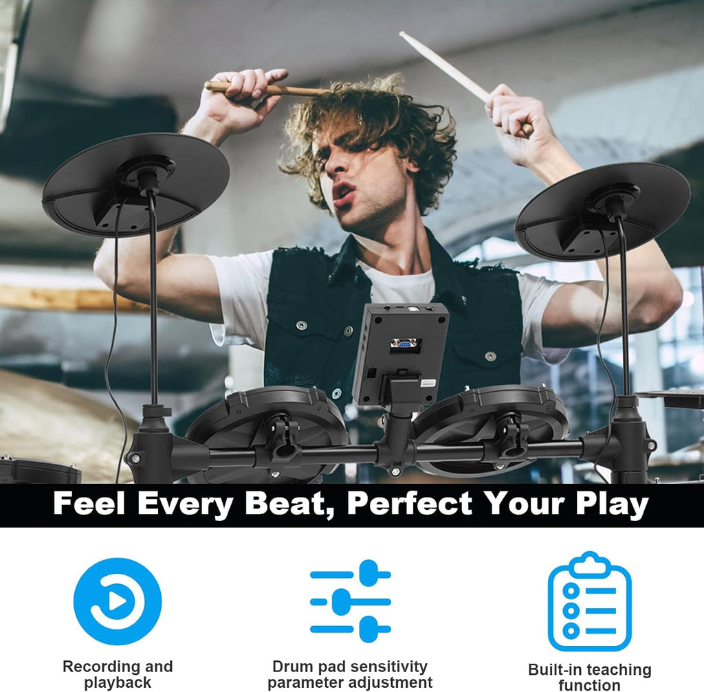 Electric Drum Set for Beginner with Kick Hammer Pedal,10" Cymbals, 4 Mesh Pads, Supports Sensitivity Adjustment,150