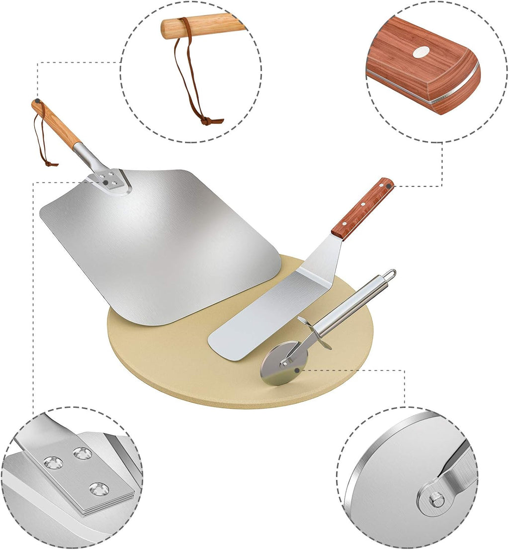 4 pcs Pizza Stone & Peel Set, Pizza Making Kit for Oven Grill BBQ