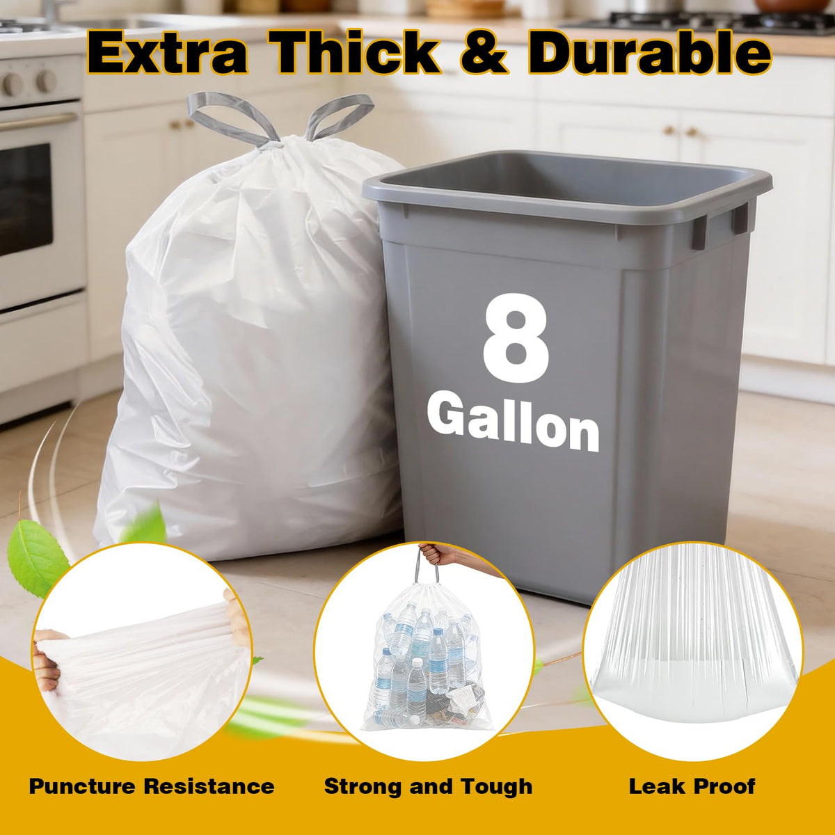 8 Gallon Trash Bags with Drawstring, 500 Count