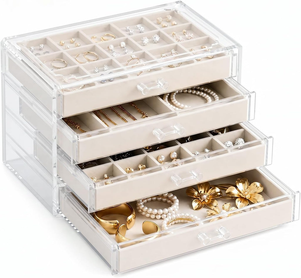 Clear Jewelry Box with 4 Drawers,Acrylic Jewelry Organizers and Storage with Velvet Trays,Earring Holder Organizer