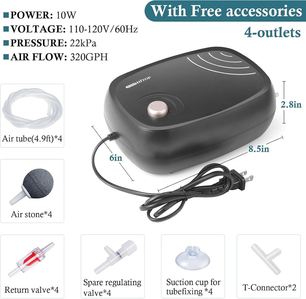 10W Powerful Aquarium Air Pump: 4-Outlets 320GPH Air Pump for Fish Tank, Quiet Aquarium Aerator with Completely