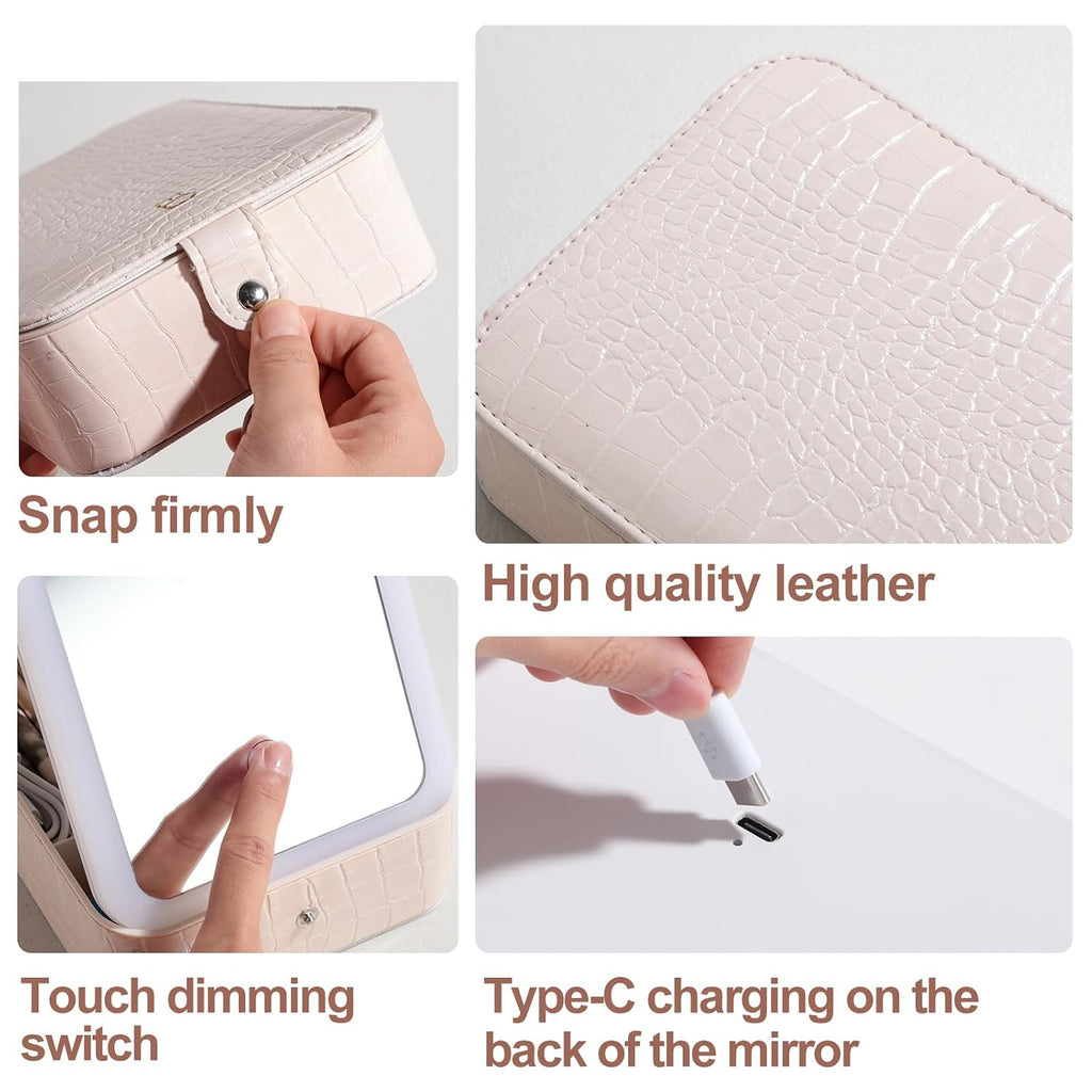 large Led Makeup Mirror Case Travel Makeup Brushes Set 15 Pcs – LED Light Mirror with Makeup Sponge for Enhanced