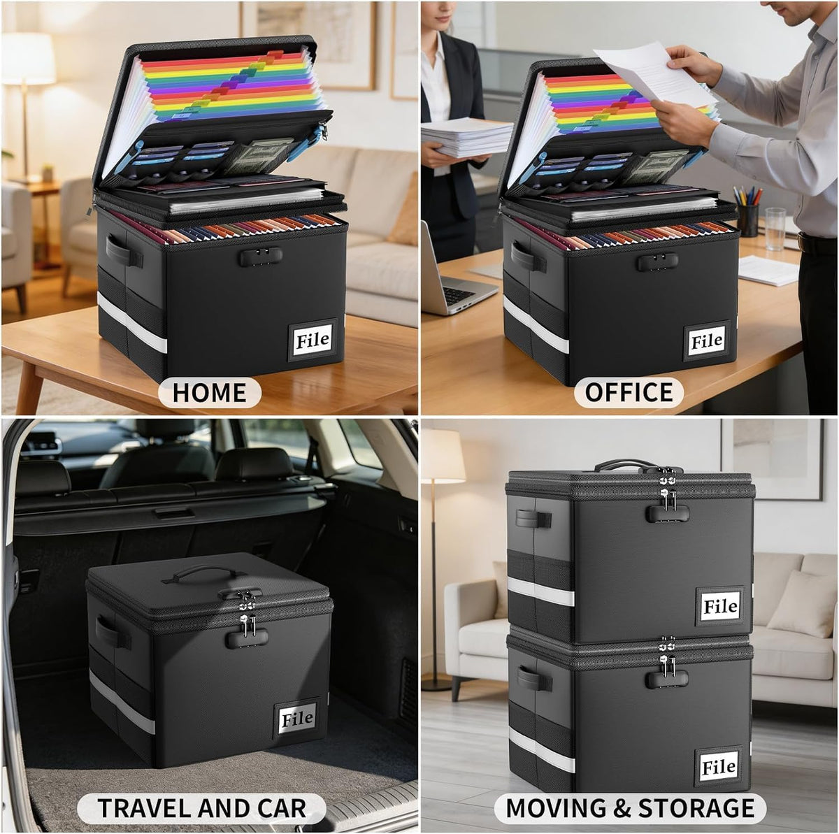 Fireproof Document Box with Locks and Accordion File Folder,Black