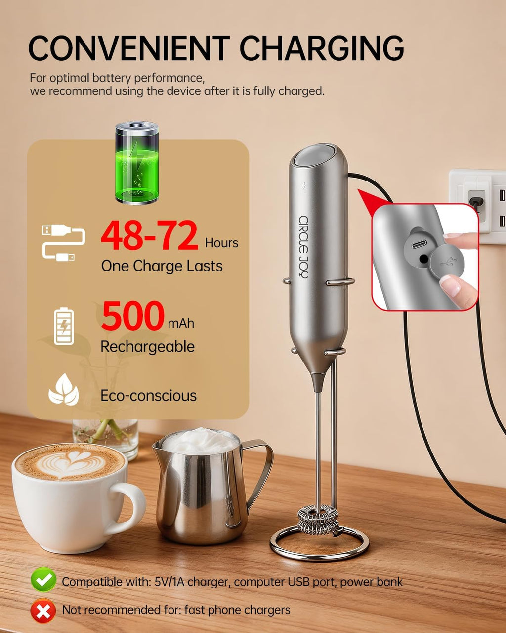 Rechargeable Milk Frother Handheld with Stand, Dual Spring Whisk Electric Foam Maker, Detachable Hand Frother Wand