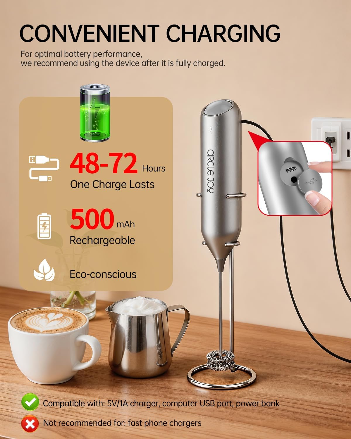Rechargeable Milk Frother Handheld with Stand, Dual Spring Whisk Electric Foam Maker, Detachable Hand Frother Wand