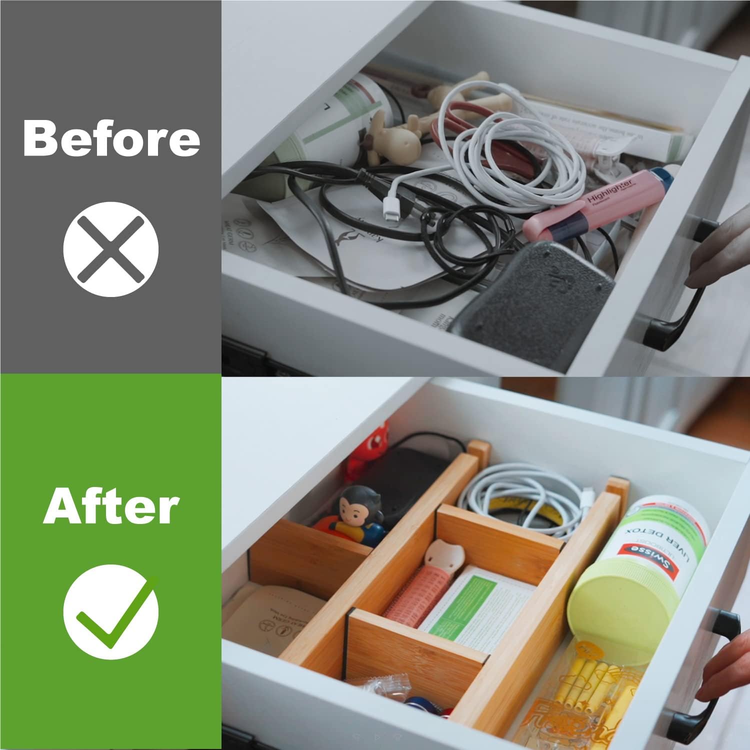 Bamboo Drawer Dividers Organizers, Drawer Separators Splitter,17-22 inches Long Adjustable Spring-loaded Organizer