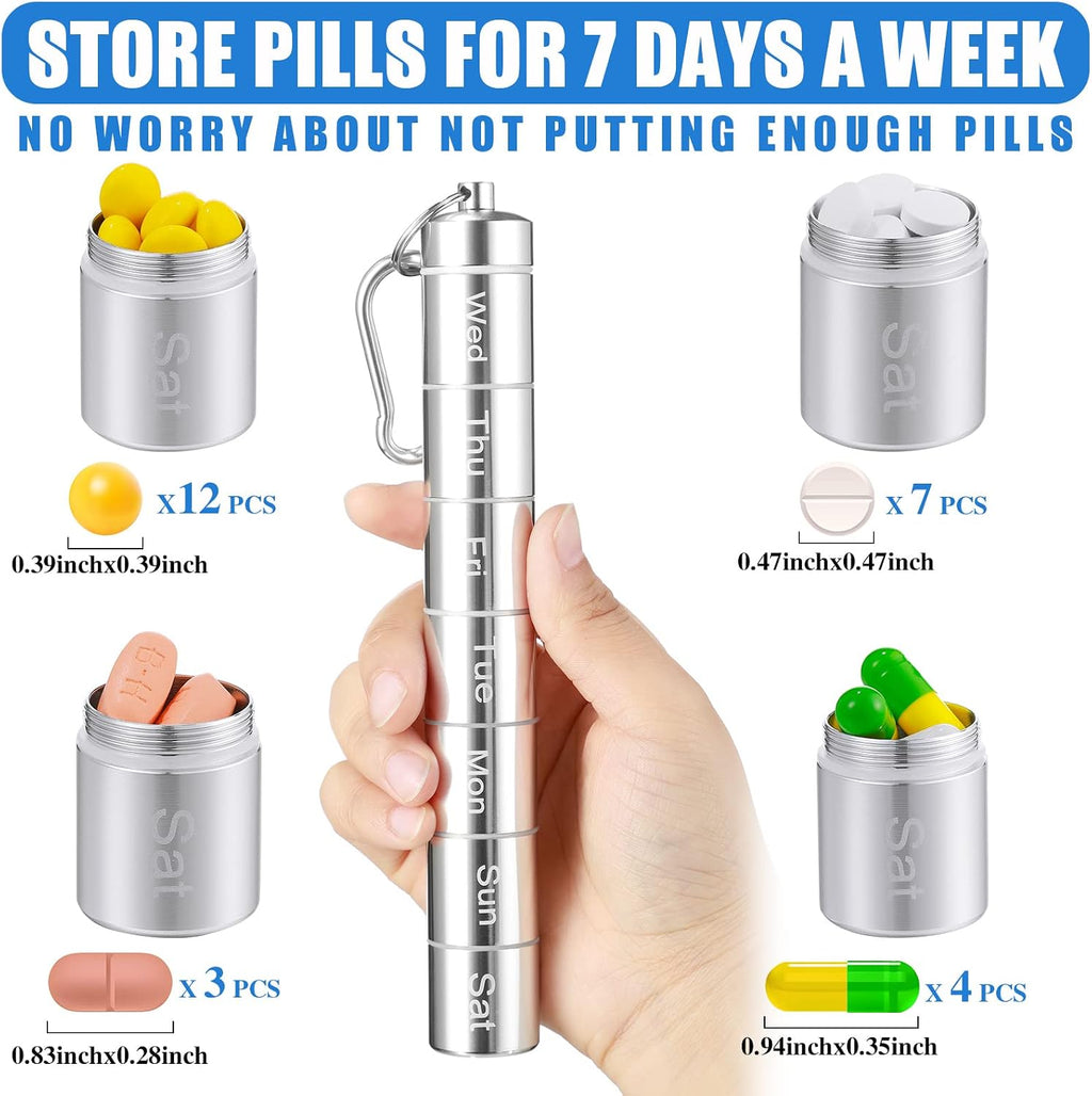 2 Pack Metal Weekly Pill Organizer Travel Pill Container with Keychain 7 Day Weekly Waterproof Small Capsules Holder