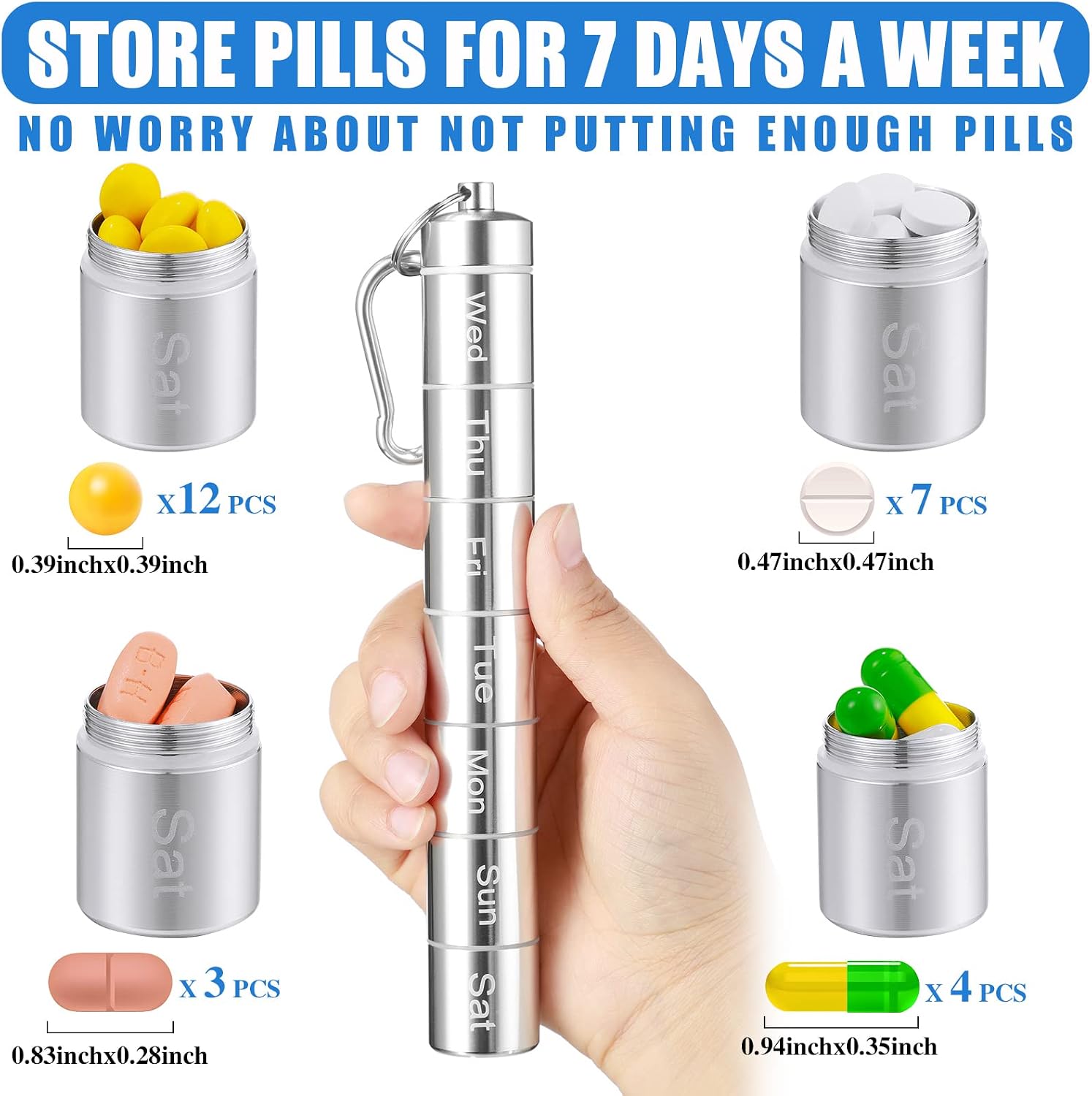 2 Pack Metal Weekly Pill Organizer Travel Pill Container with Keychain 7 Day Weekly Waterproof Small Capsules Holder