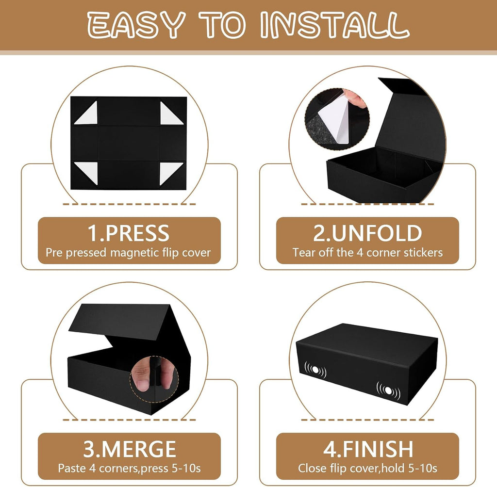Black Gift Box with Magnetic Lids for Presents, Large Rectangle Collapsible Decorative Storage Boxes 13.8x9x4.3 in
