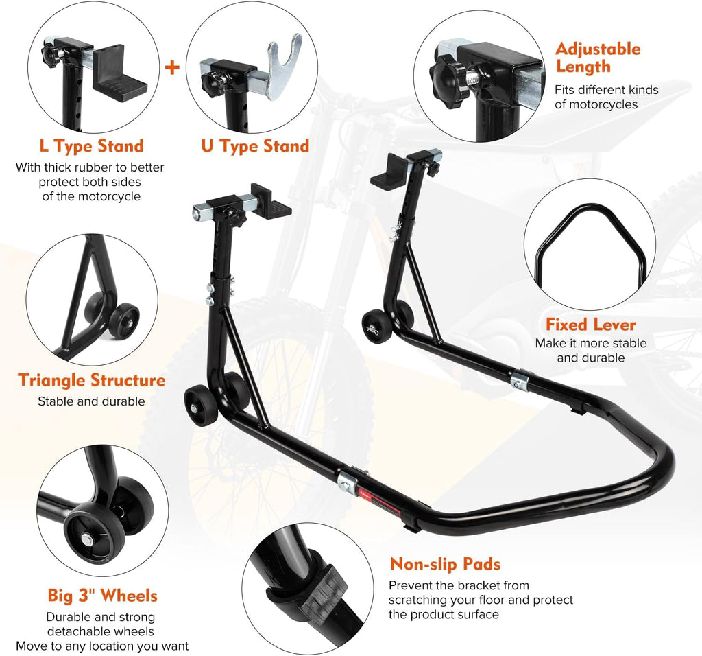 Motorcycle Stand 850LB Adjustable Sport Bike Rear Wheel Lift Swingarm Paddock Stands Black, 5 Adjustable Heights, U+L