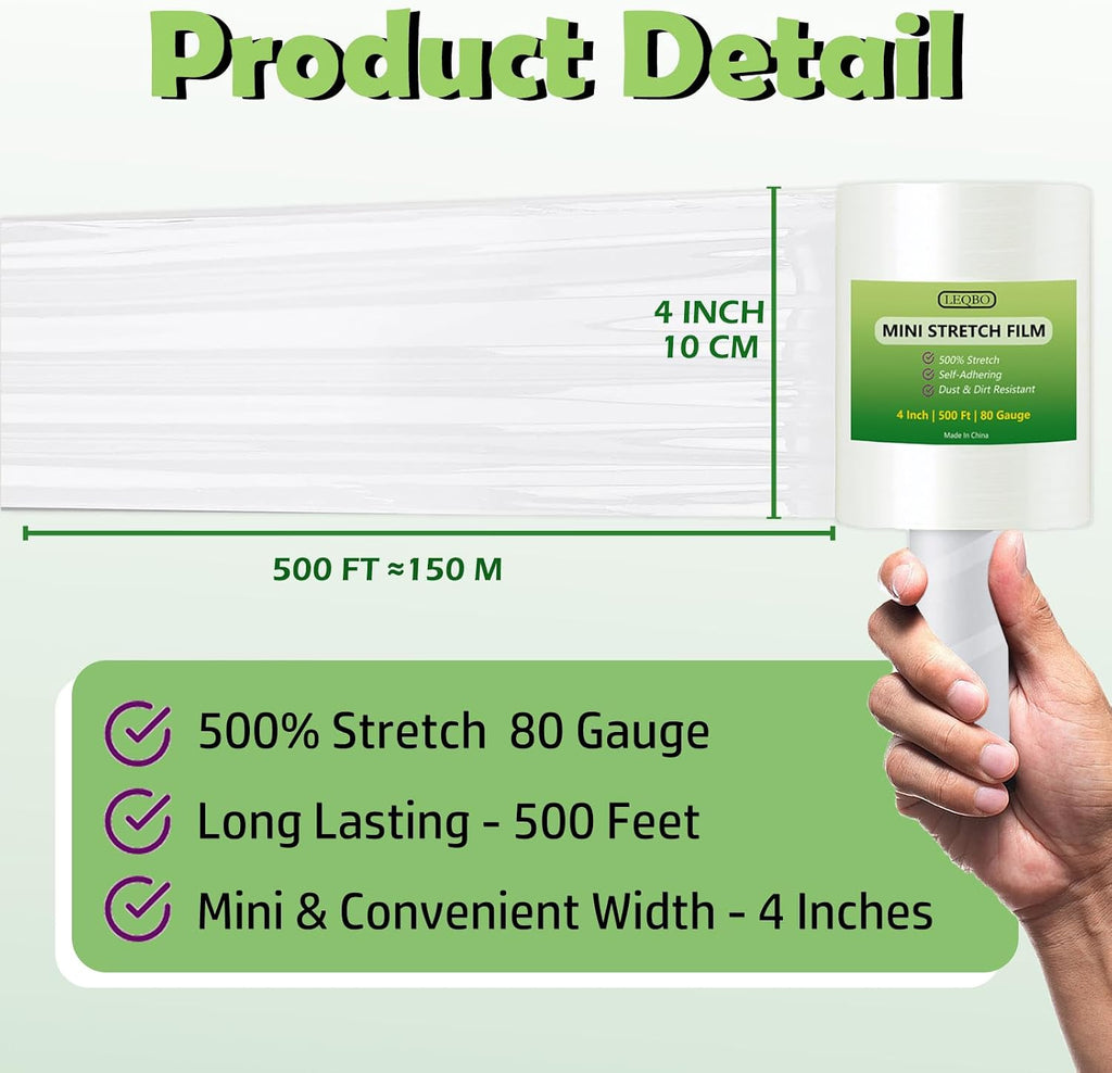 Clear Stretch Wrap Film,4" x1000Ft Pallet Wrap Roll with Handle for Moving Supplies,80 Gauge Industrial Strength