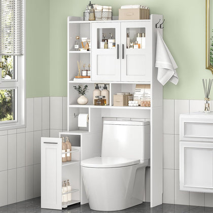 Over The Toilet Storage Cabinet with Glass Doors & Pulley, White | Pull-Out Cabinet, Toilet Paper Holder, Side Hooks