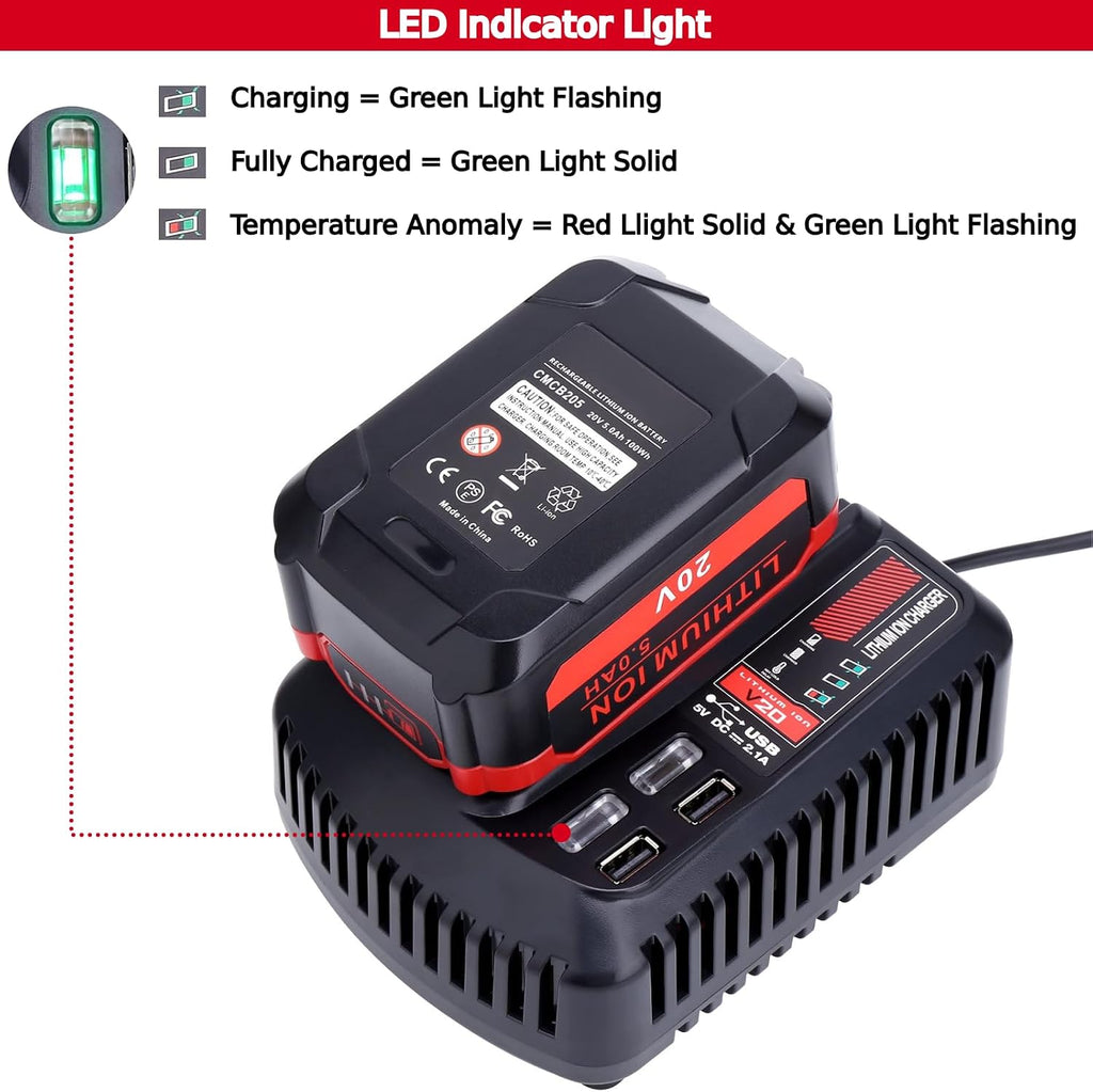 CMCB104 Fast Charger Compatible with Craftsman 20v V20 Lithium Battery