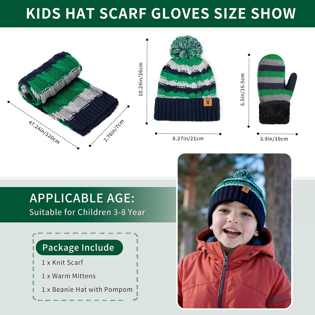 Toddler Boys Winter Pompom Beanie Hat Scarf and Gloves 3PCS Set for Girls | Kids Warm Fleece Lined Knitted Toddler