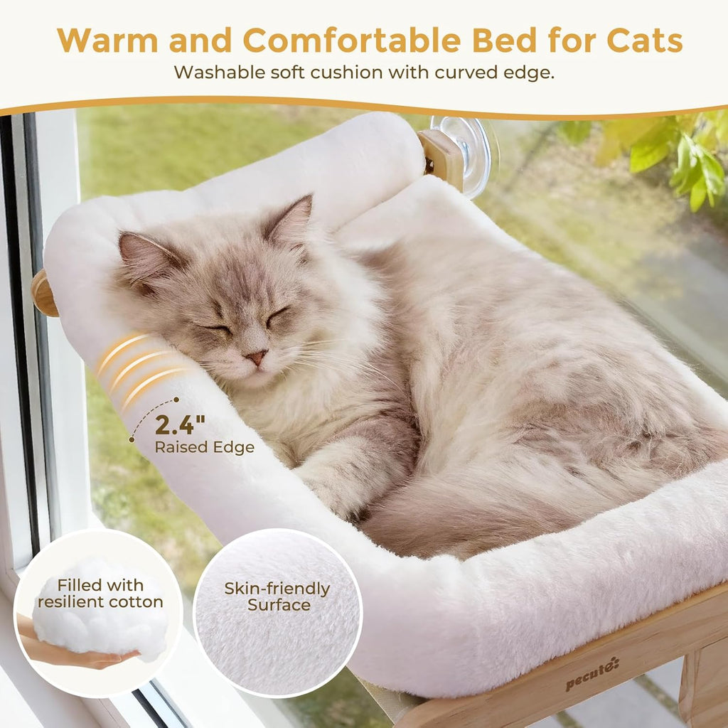 Foldable Cat Window Perch, Cloud-Soft Cat Bed with Solid Wood Frame, Strong Suction Cup, Washable Cushion, Stable