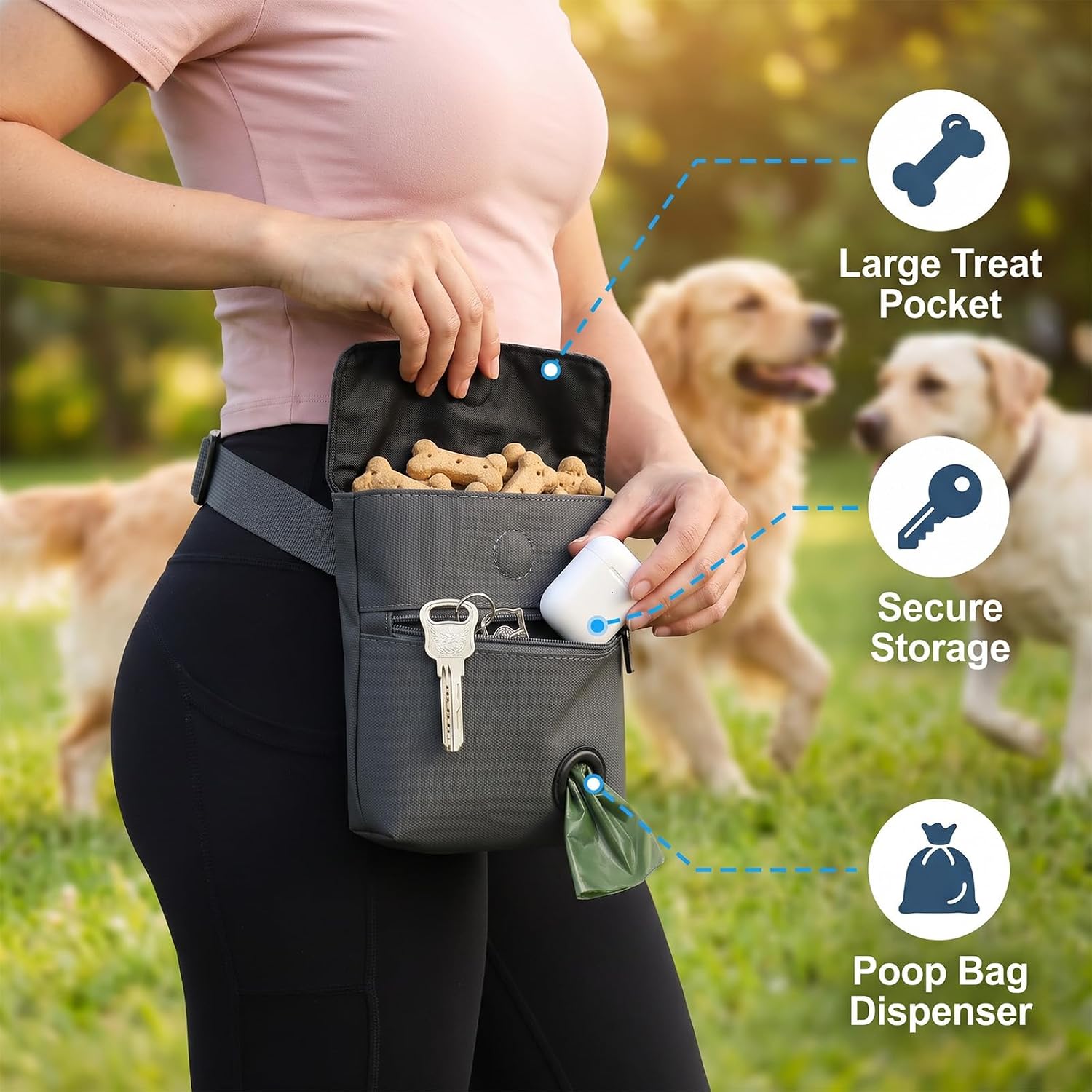 Dog Treat Pouch and Dog Training Clicker, Treat Bag with Poop Bag Dispenser, Powerful Magenetic Clasp, Metal Clip
