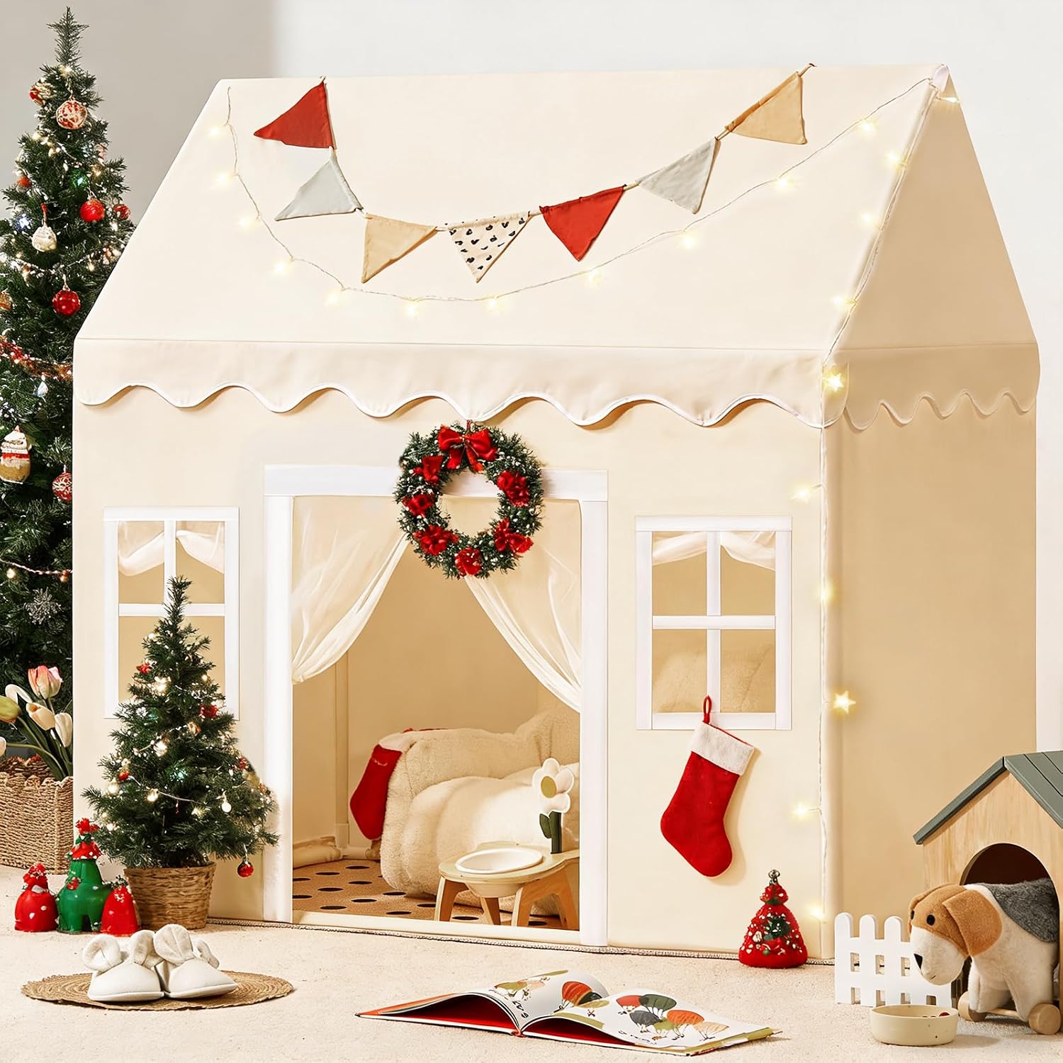 Play Tent with Padded Mat & LED Lights, Kids Tent, Playhouse, Khaki Castle Pop Up Tent for Kids Indoor