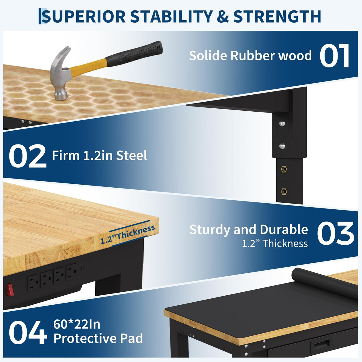 60" Adjustable Workbench, 3000 Lbs Capacity Heavy-Duty Work Bench Table