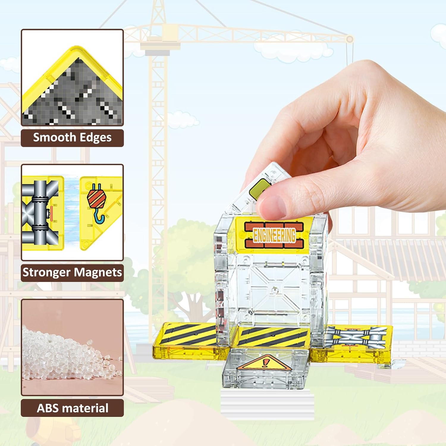 100PCS Magnetic Tiles-Engineering Theme, Mini Magnet Building Tiles, STEM Educational 3D Blocks with 2 Figures