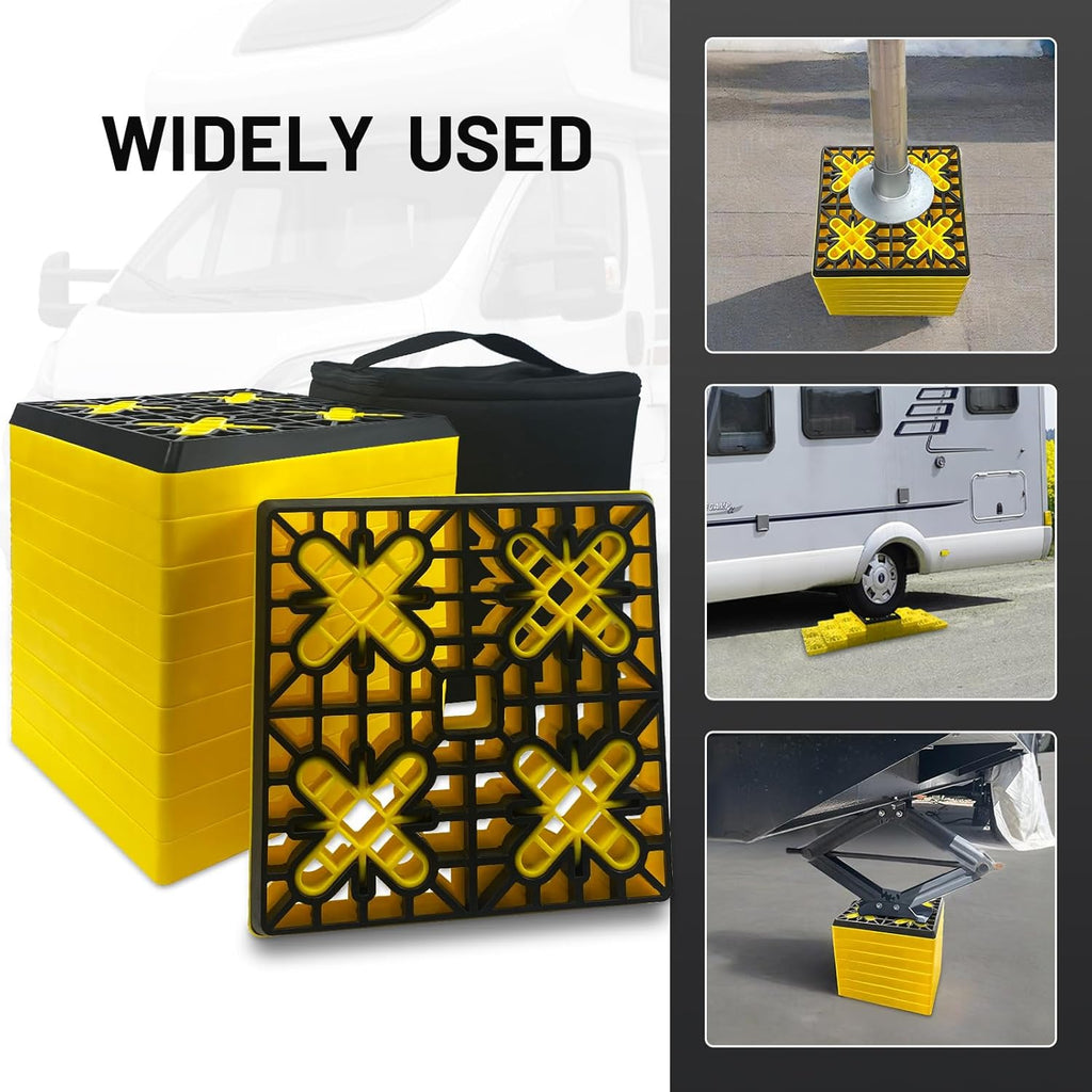 Rv Leveling Blocks 12 Pack (2 Rubber Top), Camper Leveling Blocks Sturdy Stackable Jack Blocks with Carrying Bag