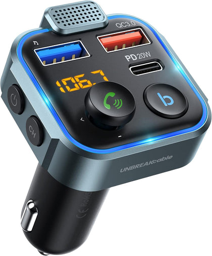 Bluetooth 5.3 FM Transmitter for Car Radio Adapter Charger | PD 20W and QC 3.0 Fast Charge, HiFi Bass Sound, Strong