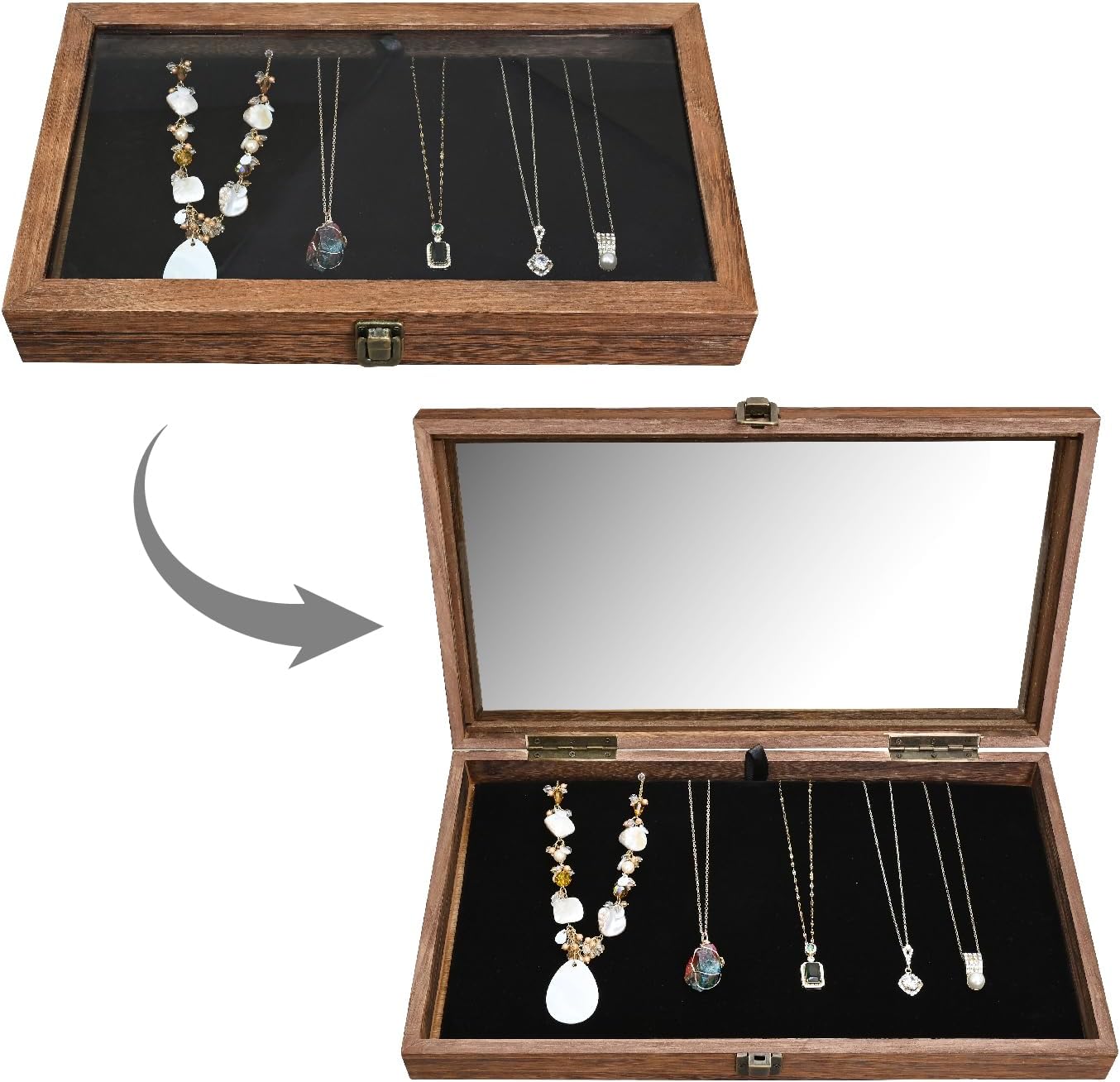 Wooden Jewelry Display Case with Tempered Glass Top, Velvet Pad | Brown wood display case with tempered-glass top