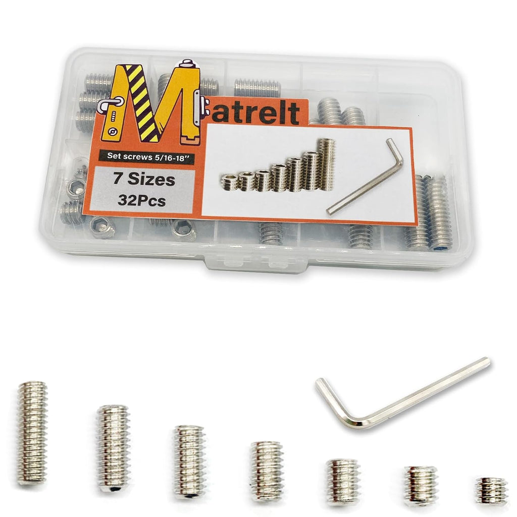 32pcs 5/16-18 7 Sizes Hex Socket Set Screws Assortment Kit, 304 Stainless Steel Cup Point Grub Screw for Bathroom Fixtures Door Handles Stripper Pole Rack Screws Precision Instrument ETS