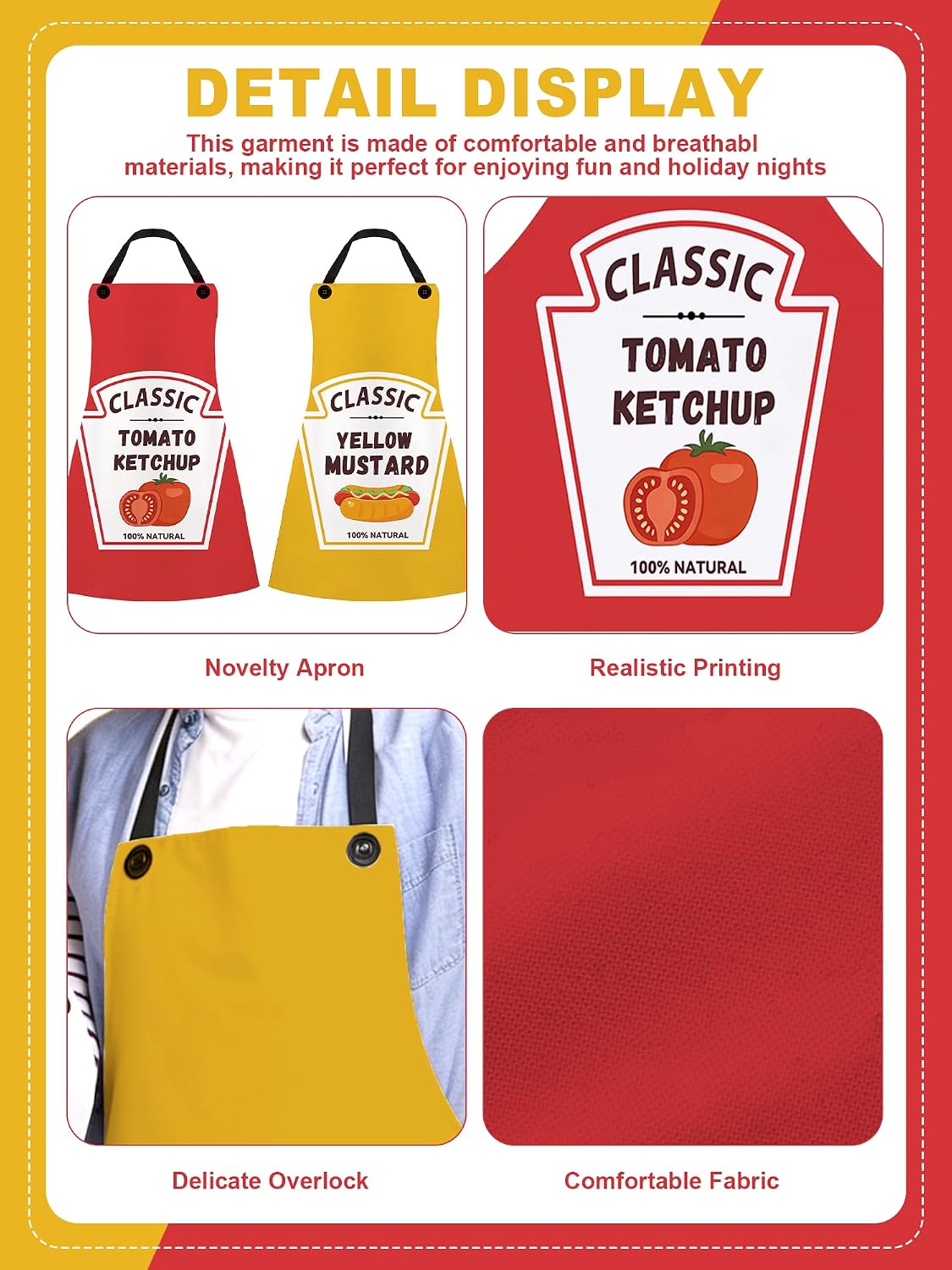 2 Set Ketchup and Mustard Costume Apron Condiment Group Costume | Includes Ketchup and Mustard Aprons Hats for Back